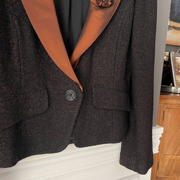 St. John Knit Skirt Suit Set Metallic Black Copper 3 Pc Blazer Skirt Silk Top 14 - Picture 5 of 16